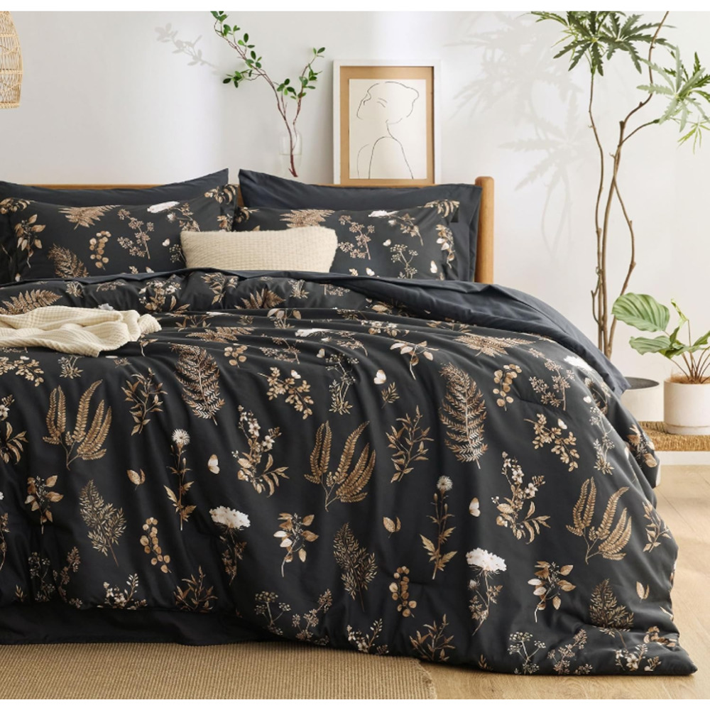 Bedsure Black Queen Comforter Set - 7 Pieces Floral Bedding Sets Queen Bed